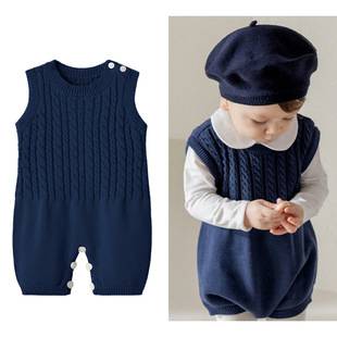 Spring and Autumn New Trendy Ins-Style Popular Baby Romper, Pure Cotton Knitted Cable Sleeveless Vest Sweater Jumpsuit