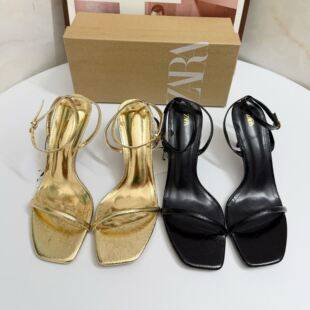 Za2024 New Thin-Heeled High-Heeled Women's Shoes with Square Toe, Gold Snake Print, Open-Toe, Back Strap, and Open-Back Sandals for Women