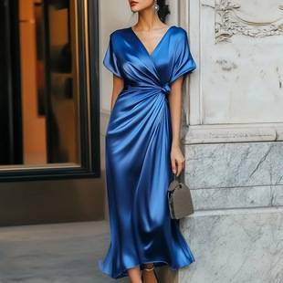 2025 European and American Clothing Amazon Independent Station V Neck Short-Sleeved Pure Color Dress Satin Acetate Dress