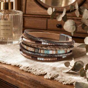 Cross-Border Hot Selling Bohemian Hand-Woven Leather Bracelet Women's Alloy Magnetic Buckle Multi-Layer Pu Bracelet Available in Multiple Colors