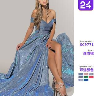 2025 Amazon European and American Banquet Dress Instagram Sequin Large Skirt Tube-length Sexy Fashion Split dress