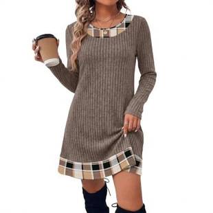 2026 Autumn/Winter Cross-Border European and American Style Knitted Long-Sleeve Sweater Dress, Elegant and Casual Plaid Patchwork Dress