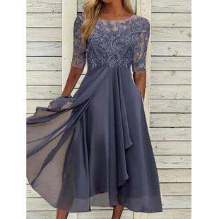 2025 European Cross-Border Amazon Dress Chiffon Splicing Lace Hollow Long Dress Bridesmaid Evening Dress Women's Clothing