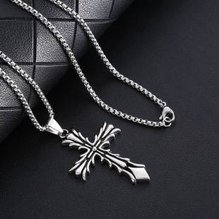 New Hot Sale Titanium Steel Hip Hop Creative Retro Style Cross Cast Leaves Pendant Titanium Steel Men and Women Long Necklace