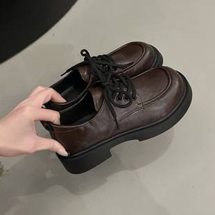 Genuine Leather Loafers with Height Increase, Versatile Small Leather Shoes, 2026 Spring and Autumn New Style, Lace-Up Jk British Style Retro Thick-Soled Single Shoes