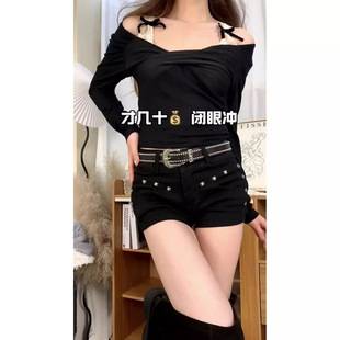 Black Rivet Sexy Shorts American Style Hot Girl Tight-Fitting Hip-Hugging Ultra-Short Denim Shorts for Women Summer High-Waisted Hot Pants for All Seasons