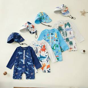 Cpc Cross-Border Children's Clothing Boys' Full-Print One-Piece Swimsuit Boys' Half-Zip One-Piece Swimsuit Children's Swimsuit + Hat