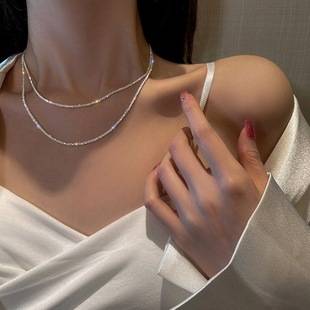 Silver Plain Chain Sparkling Starry Sky Necklace Accessories for Women, Simple and Versatile, High-End Clavicle Chain Fashion Jewelry