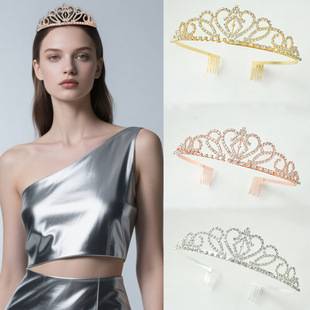Summer New Style Rhinestone Crown Handmade Jewelry Crystal Headpiece Bridal Crown Gold European and American Style Crown Headpiece for Women