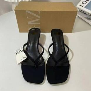 Za New Product 2025 Summer French Square Toe High-Heeled Flip-Flops Open Toe Backless Fashion Cool High-Heeled Slippers