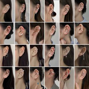 Zircon double-layer ear clip without ear hole clip square flash drill cross chain false earrings ruffian handsome four mans star ear bone clip female