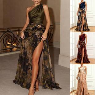 Cross-border 2026 European and American Autumn/Winter New Party Printed Dress INS Casual Fashion Slit Off-Shoulder Dress