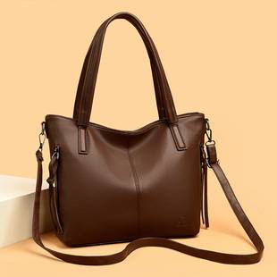 Large-capacity fashionable mom bag, new cross-border vintage casual handbag, soft leather texture shoulder and crossbody bag