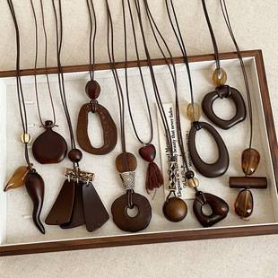 Geometric Coffee-Colored Wooden Pendant Braided Rope Long Necklace for Women, Simple Trendy Personality Fashion Versatile Choker Sweater Chain
