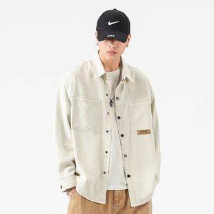 American-style Heavy creamy-white Tooling Shirt Men's Spring and Autumn fleece-lined Loose Casual Top Trendy Brand Long-sleeved Shirt for Men