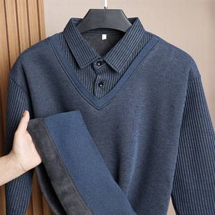 Autumn and Winter Men's Fleece-Lined Thickened Sweater for Middle-Aged Men, Dad's Long-Sleeve Shirt with a Fake Two-Piece Design, Men's Base Shirt