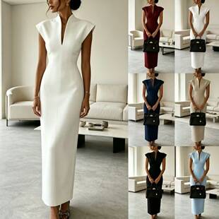 2026 Amazon Cross-Border New Model Bodycon Long Dress Stand Collar V-Neck Sleeveless Waist-Cinching Bodycon Dress Gown