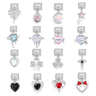 Colorful Heart Moon Bow Pendant Italian Module Bracelet Stainless Steel Elastic Splicing DIY Watch Strap Chain