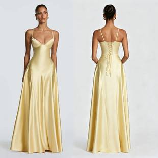 2026 New European and American Style Satin Strapless Waist-Cinching Long Evening Dress with Deep V-Neck and Elegant Flare Skirt for Evening Parties