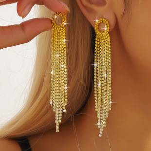 European and American Cross-border Rhinestone Alloy Geometric Long Tassel Earrings Street Photographic Bridal Wedding Dinner Atmospheric Earrings Jewelry
