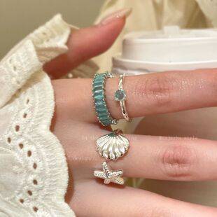 Blue starfish shell open ring for women, high-end island style index finger ring accessory, seaside vacation style ring