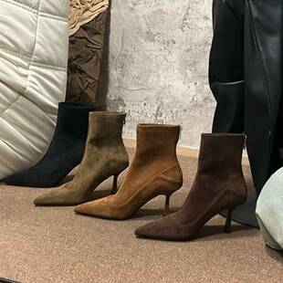 Chuyuji French-style pointed-toe high-heeled ankle boots for women, slim-fit boots, 2026 autumn and winter new model, suede, thin heel, back zipper