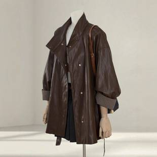 Textured Brown Leather Jacket for Women 2025 Spring and Autum New Loose Slimming Look Lace-Up Leather Jacket Top