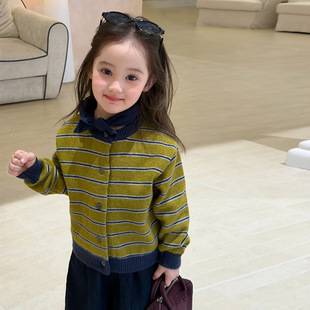Maiyoyo children's olive green striped color-block knitted cardigan, a retro sweater-style outerwear for baby girls