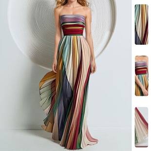 2026 Summer Cross-Border European and American Rainbow Color Contrast Pleated Strapless Waist-Cinching Printed Evening Dress Fashionable Elegant Long Dress