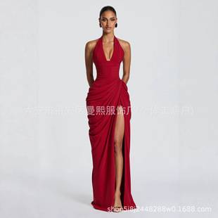 European and American style halter neck deep V-neck ruched slit mermaid evening dress, waist-cinching long gown for banquet hosts, foreign trade dress supply