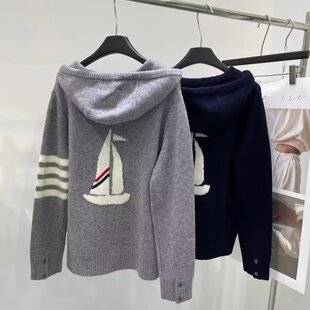 Men's hooded knitted cardigan with sailboat pattern on the back, new style, four stripes, loose casual sweater, wholesale jacket