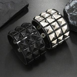 Cross-Border Punk Bracelet Black Silver Square Nail Pu Leather Rounded Corner Men's Hand Change Personalized Rivet Fashion Leather Accessories