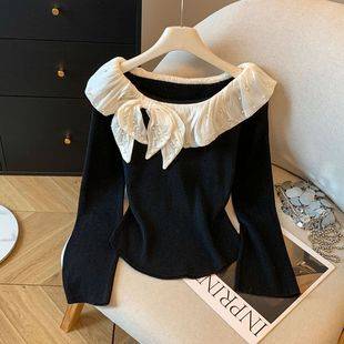 Pure Desire Sexy One-Line Collar German Velvet Long-Sleeved Sweater Women's Autumn and Winter New Design Beaded Lace Patchwork Top