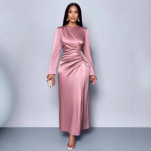 European and American Cross-Border Export 2025 New Pure Color High-End Satin Dress Fashionable and Elegant Light Evening Dress