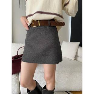 Sinan Free Belt American Retro Tailored High-Waisted Slimming Versatile A-Line Wide Tweed Short Skirt Sn8323