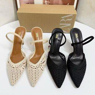 ZA's new beige woven pointed-toe stiletto sandals for women, summer French-style hollow high heels, elegant and versatile in nude color