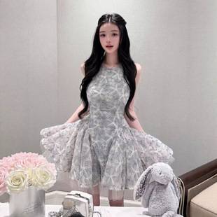 Birthday party dress for girls, rich girl style, elaborate lace embroidery, mesh, waist-cinching, puffy princess short dress