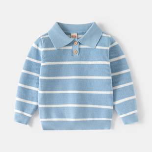 European and American Style Kidsren's Clothing Boys' Knitted Polo Shirts 2025 Autumn and Winter New Kidsren's Sweaters Baby Single-Layer Stripesd Tops