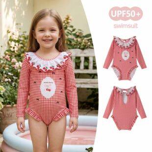 Children's girls' long-sleeve sun-protective one-piece swimsuit, high-appearance lace backless swimsuit for girls aged 1-3 years