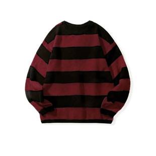 Cross-border men's and women's autumn and winter blue-black and black-red contrast striped round-neck sweater, loose and casual pullover knitwear