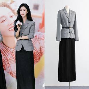 [in Stock] Tan Songyun Style Slim-Fit Blazer Jacket with Waist Cinching Effect, Elegant and Youthful Striped Skirt Casual Set for Women