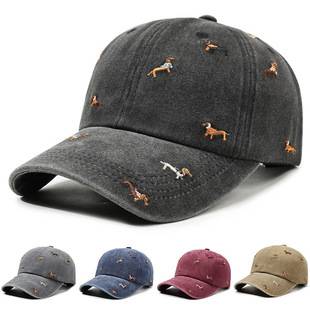 New washed men's fashion baseball cap with puppy embroidery, soft top, street retro trendy duckbill cap wholesale