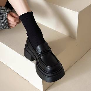 Thick-Soled Loafers for Women 2026 Spring and Autumn New Style Height-Increasing Genuine Leather Jk Small Leather Shoes Black Slip-On Shoes in Stock