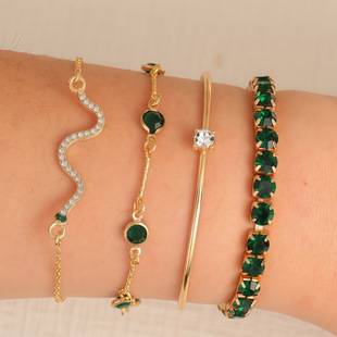 Fashionable Retro High-End Style Inlaid with Emerald Green Rhinestones Small Snake Bracelet Set, Cross-Border Hot-Selling Alloy Bracelet Set