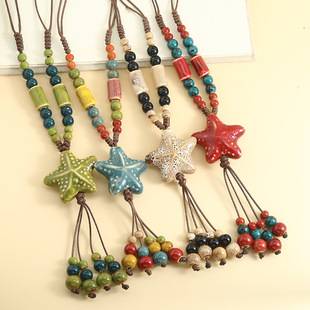New Chinese Style Retro Starfish Ceramic Necklace Long Women's Summer Clothing Pendant Bohemian Light Luxury Niche Sweater Chain