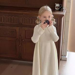 Girls' Dress 2026 Spring & Fall New Korean Style Kidsren's Pure Color Knitted Princess Dress Baby Mid-Length Sweater Dress