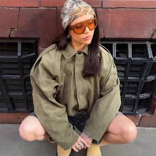 Aliexpress Cross-Border Wholesale European and American Fashion Aviator Suede Jacket Batwing Sleeve Zipper Casual Top
