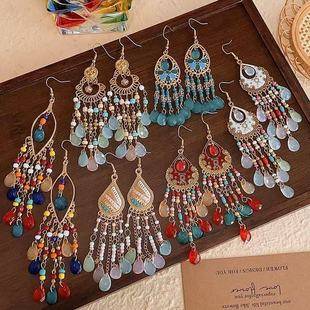Ethnic Style Crystal Long Tassel Earrings Personalized Photograph Face Skinny Exaggerated Earrings Bohemian Tourism Jewelry