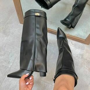 European and American Style Women's Boots with Pointed Toe, Wide Shaft, Straight Metal Buckle, Mid-Length Boots, Large Size, Chunky Heel, Trouser-Style Boots for Women