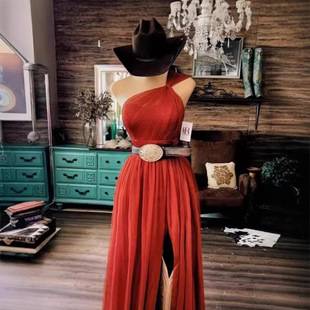 2026 European and American Style Red One-Shoulder Long Dress Gown High-Waisted Slim-Fit Tulle Dress Fashion Trend